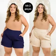 KIT 2 Bermuda Plus Size Short Feminino Cargo Social Alfaiataria Cintura Alta