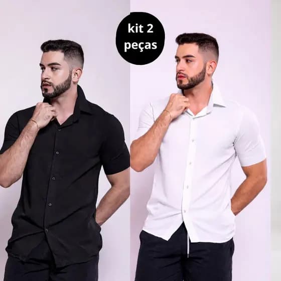 KIT 2 Camisa Masculina social Visco-Linho Premium Manga Curta Confortável Verão Botão