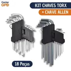 Jogo de Chave Torx + Jogo Allen Curta Kit com 18 Peças Torque e Allen T10 até T50