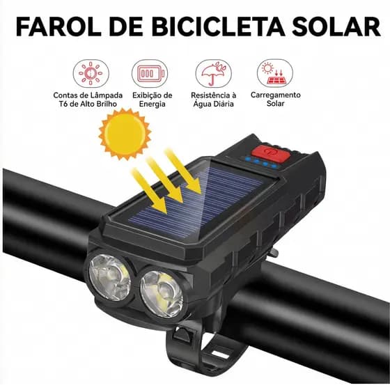 Lanterna para Bike Solar com Buzina e Power Bank – Recarregável, À Prova d’Água, 12H