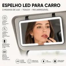 Espelho LED para Quebra Sol de Carro 3 Modos de Luz Recarregável Touch Branco Quente e Frio