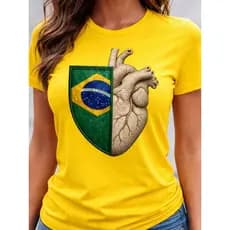 Camiseta Blusa Feminina  Plus 100% Algodão Premium Brasil Coração Time Copa T-shirt
