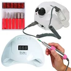 Kit Cabine Sun 5 Led Uv 48w Unha Gel Acrigel Porcelana + Motor Porquinho Lixa Lixadeira de Unhas Elétrica Manicure