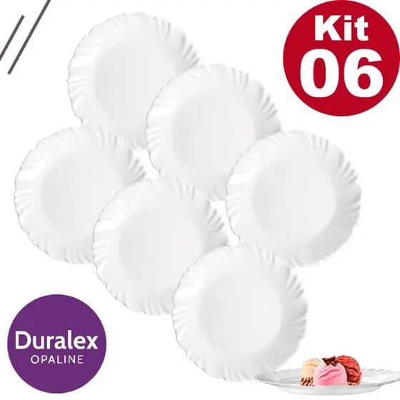 Kit Pratos Petala Sobremesa com 06 Unidades Duralex em Vidro Pétala Branco Resistente