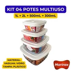 KIT 4 POTES VASILHAS FACILITA MARINEX VIDRO TEMPERADO 300ML 500ML 1L 2L TAMPA BRANCA ASSAR CONGELAR