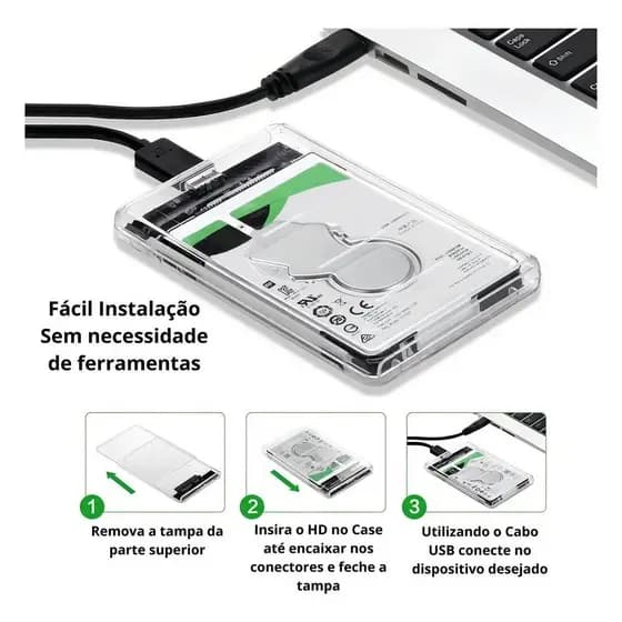 Case Gaveta HD Externo Transparente 2.5 Polegadas SATA USB 3.0 SSD 6Gbps Notebook PC