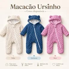 Macacão Bebê Soft Peluciado Ursinho  Quentinho Com Capuz e Zíper Roupa de Frio  Urso Infantil UNISEX 0 a 12 Meses