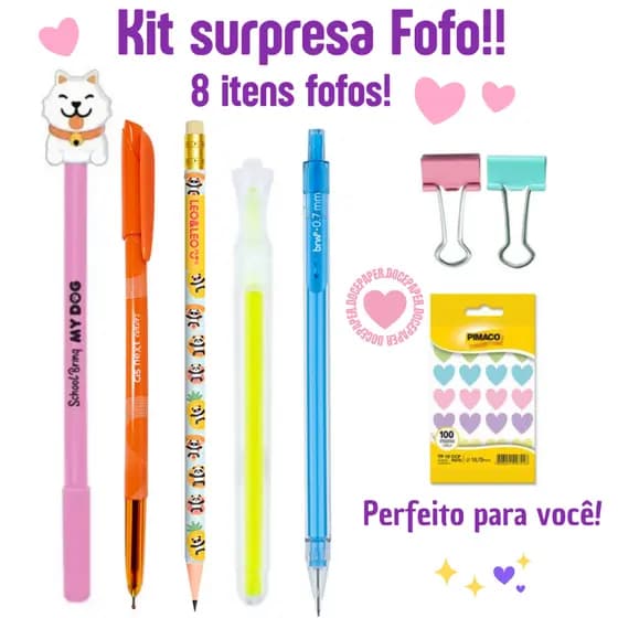 Kit Papelaria Fofa Surpresa 8 Itens Cute | Canetas + Adesivos + Marca Texto | Material Escolar Barato