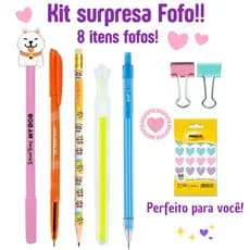Kit Papelaria Fofa Surpresa 8 Itens Cute | Canetas + Adesivos + Marca Texto | Material Escolar Barato