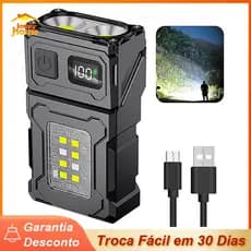 Mini Lanterna Chaveiro com Luz Lateral, Display de Bateria e Função Magnética Com USB Recarregável