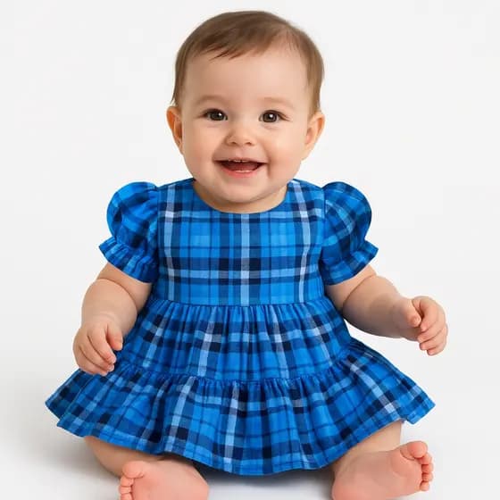 Vestido Infantil Bebê Manga Curta Xadrez Azul Festa Junina Roupas Algodão