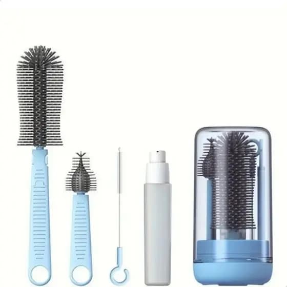 Kit 3 Escovas Limpeza Profunda Mamadeiras Garrafas E Bicos Silicone Macio Portátil Prático - Cor Azul