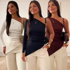 Blusa Feminina Assimétrica Ribana Canelada Manga Longa Mula Manca Elegante Ombro Só