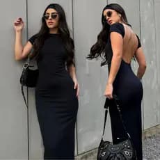 Vestido Longo Feminino Costas Nuas Tubinho Suplex Midi Elegante Casual Liso