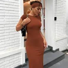 Vestido Feminino Longo Costas Nuas Tubinho Suplex Midi Manga Curta Elegante Casual Liso