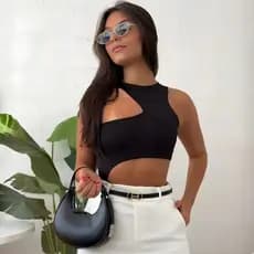 Body Feminino Suplex Geométrico Ombro Só Forro Duplo Assimétrico Moda Gringa Bory