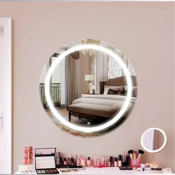 Espelho Redondo Jateado 50x50 Com Luz de LED 3 cores sensor Touch Screen Bivolt de Luxo Decorativo Banheiro Camarim