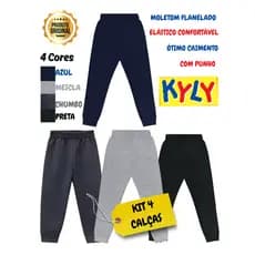 KIT 04 Calça Moletom Infantil Masculina Flanelada Com Punho Escolar 01 ao 16 Kyly