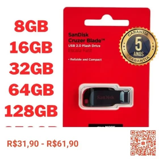 Pen Drive Vermelho Sandisk Cruzer Blade Original 128GB 64GB 32GB 16GB 8GB Cruzer Blade 2.0 Flash Garantia 5 Anos