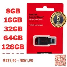 Pen Drive Vermelho Sandisk Cruzer Blade Original 128GB 64GB 32GB 16GB 8GB Cruzer Blade 2.0 Flash Garantia 5 Anos