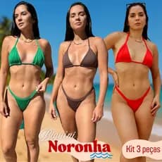 Kit 3 Biquíni Feminino Alça Fina Modelo Cortininha Marca de Fita Estilo Moderno Moda Praia