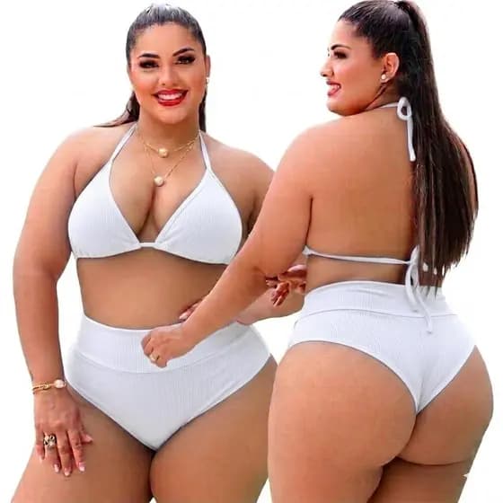 Biquíni Branco Luxuoso Estiloso Plus Size GG Alça Reforçada Asa Delta Empina Bumbum Modelo Corpo Afina Cintura Fio Duplo