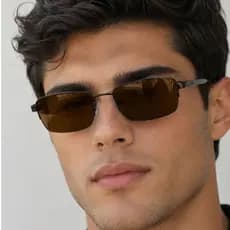 Óculos de Sol Masculino Retangular Bronze UV400 Metal Leve Lente Marrom Fio Naylon