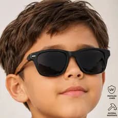 Óculos De Sol Infantil Quadrado Preto Haste Madeira Com Proteção UV400 Moda Kids Menino