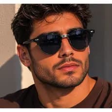 Óculos de Sol Masculino Moderno Redondo Preto Com Metal Estilo Tendência Proteção UV400