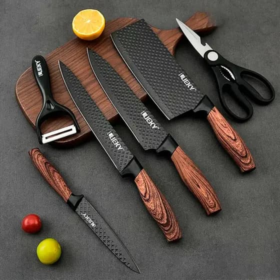 Kit 6 Peças Conjunto de Faca Profissional Carne Cutelo Legumes Aço Carbono Descascador Tesoura