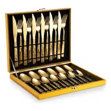 Eps-158 Kit Faqueiro Dourado Luxo Jogo Talheres Inox 24pçs + Maleta