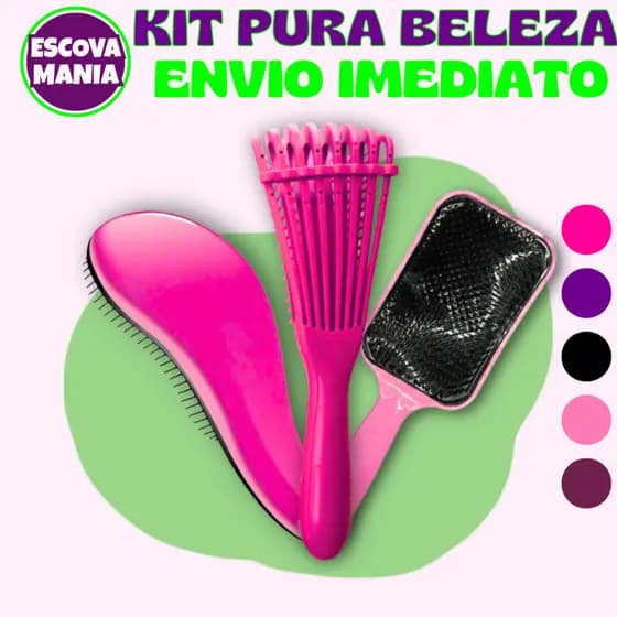 Kit Pura Belezas 3 ITENS  - 1 Escova Magica + 1 Escova Raquete + Escova Polvo + Anti Frizz - De Desembaraçar Cabelo
