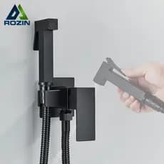 Ducha Higiênica Quadrada Super Luxo Metal Completa Kit Com 150cm Mangueira,Preto/Dourado