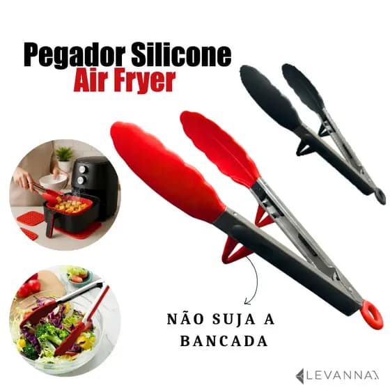 Pegador Air Fryer Churrasco Silicone Inox 26cm com Apoio Buffet Salada Panela Cerâmica
