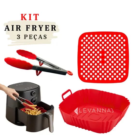 Kit Forma Quadrada Silicone Air Fryer 21cm + Tapete + Pegador Antiaderente Reutilizável