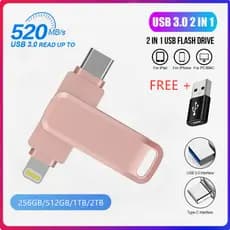 USB 1TB 2TB Flash Drive 2 Em 1 OTG USB Pendrive 512GB HD Memory Stick Para iPhone17/16/15/13/12/11/X/8/7/6 Android PC