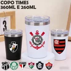Copo Mini 350ml e 260ml futebol times Aço Inox térmico com tampa Acrílico