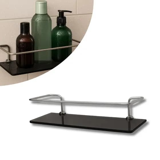 Prateleira Porta Shampoo Vidro Fumê 6mm Alumínio Polido Banheiro Elegante 30cm