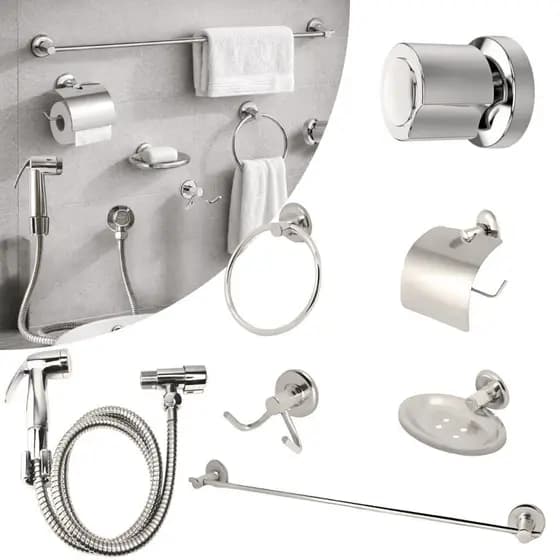 Kit Banheiro Cromado Completo Registro C40 Ducha Higiênica ABS 5 Acessórios Veneza