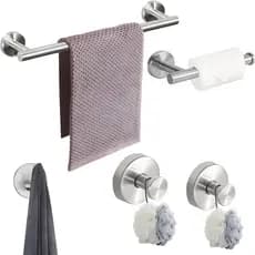 Kit Acessórios Banheiro Luxo Prata 5 Peças - Aço Inox 304 com Toalheiro, Porta Papel e 2 Ganchos