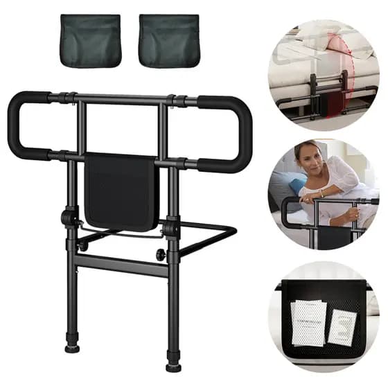 Grade de Proteção e Barra de Apoio Rebatível para Cama com Bolsas Ajustável para Idosos e Crianças