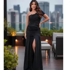 Vestido Longo Elegante Festa Formatura Convidada Casamento Tubinho Fenda Lateral Manga Única Drapeado