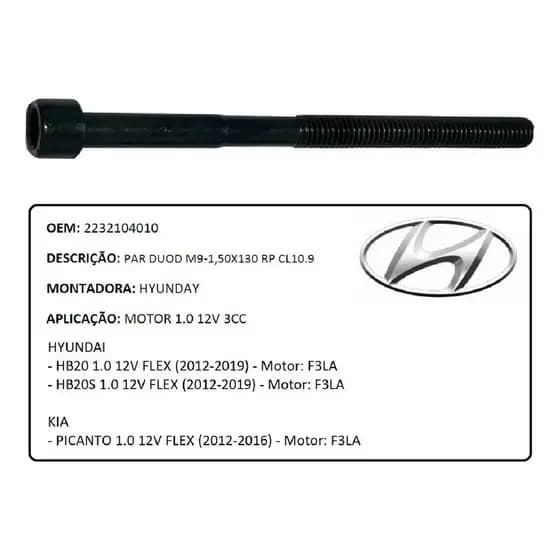 Parafuso Cabeçote Hyundai Hb20 1.0 12v 3cc 2012-2019