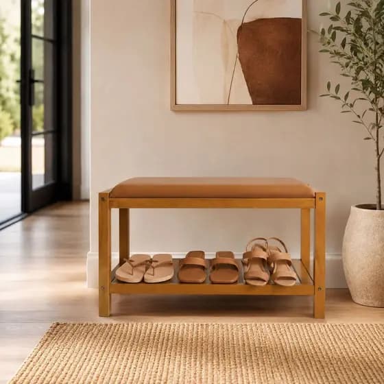 Sapateira Hall De Entrada Com Assento Em Corino Madeira Organizador Moderno