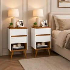Kit 2 Mesas de Cabeceira Com 2 Gavetas E Nicho Pés Palito Retrô Para Quarto Cama Decorativo