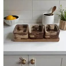 kit Gourmet trio de potes em madeira teca com tampas de acrilico