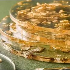 Porta copos Acrílico Cristal 2mm com folha de ouro kit 6 unidades mais suporte