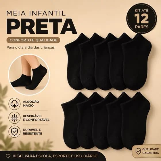 Kit De 3 a 12 Pares De Meias Infantil Preta Algodão Super Confortável