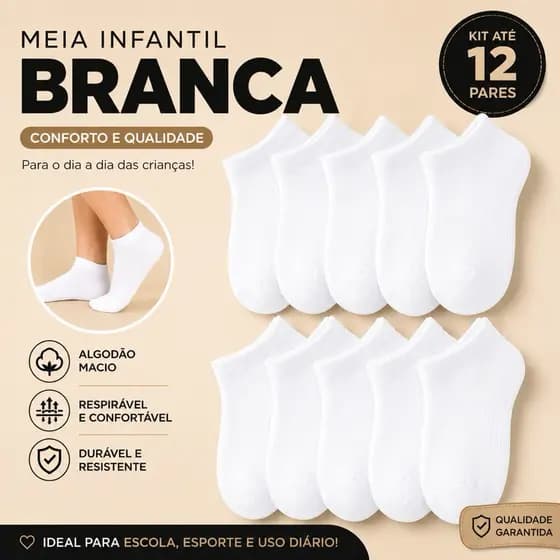 KIT De 3 a 12 Pares De Meias Infantil Branca Menino/Menina