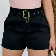 Short Alfaiataria Feminino com Cinto Dourado e Corrente - Elegância e Conforto - tamanhos M, G e GG